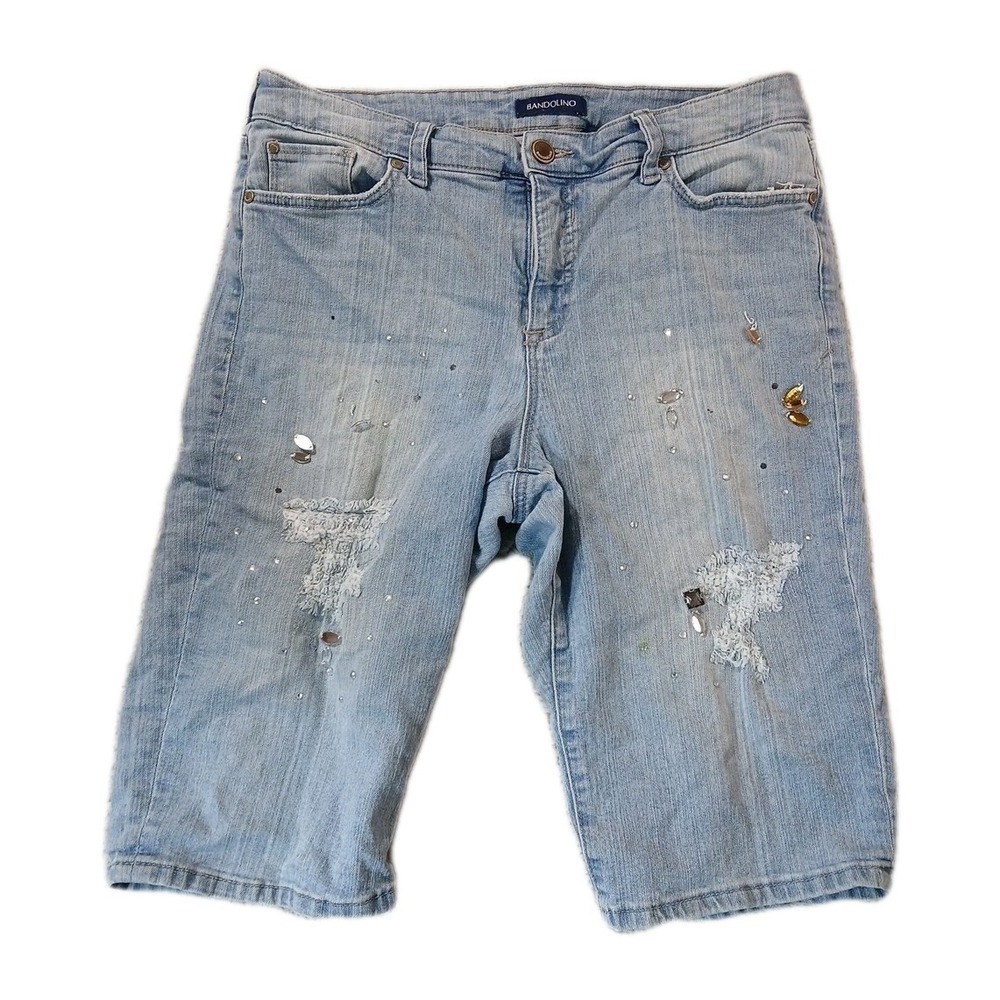 Bandolino‎ Shorts Women's Sz 10 Blue Distressed And Bedazzled Riley Shorts Beads
